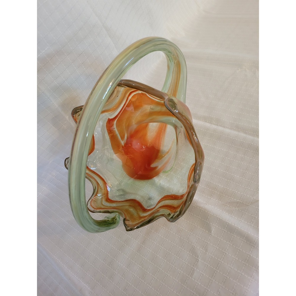 Vintage Hand Blown Art Glass Basket Orange Green Swirl Ruffled Edge Centerpiece - Picture 2 of 6
